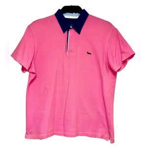 HARMONT & BLAINE MICRO PIQUE POLO SHIRT IN PINK WITH NAVY COLLAR
